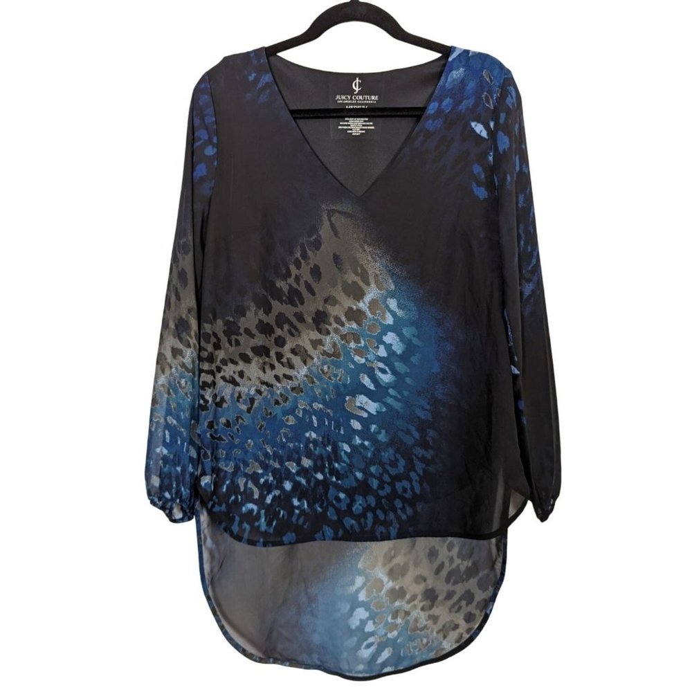 Juicy Couture Leopard‎ print V neck high low black gray blue Tunic blouse size M